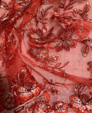 Red Floral Sequin Embroidered Tulle Lace Fabric