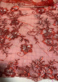 Red Floral Sequin Embroidered Tulle Lace Fabric