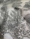 Silver Sequin Floral Embroidered Tulle Fabric