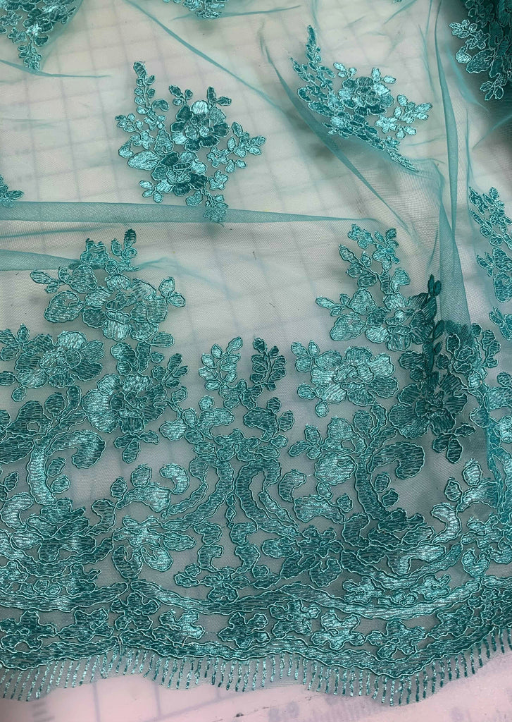 Teal Floral Embroidered Tulle Lace Fabric