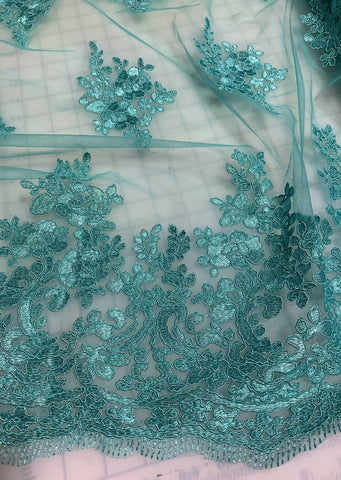 Teal Floral Scalloped Border Embroidered Tulle Lace Fabric