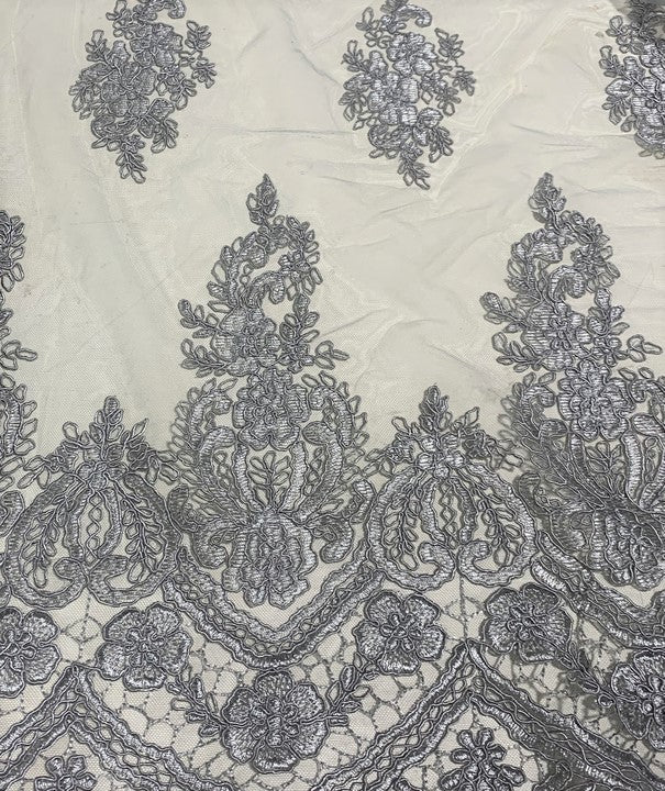 Silver Floral Embroidered Tulle Lace Fabric