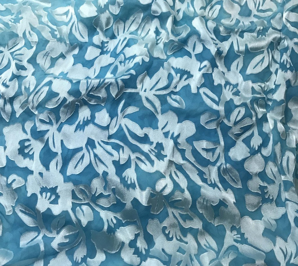 Turquoise Blue Floral - Hand Dyed Burnout Devore Silk Satin